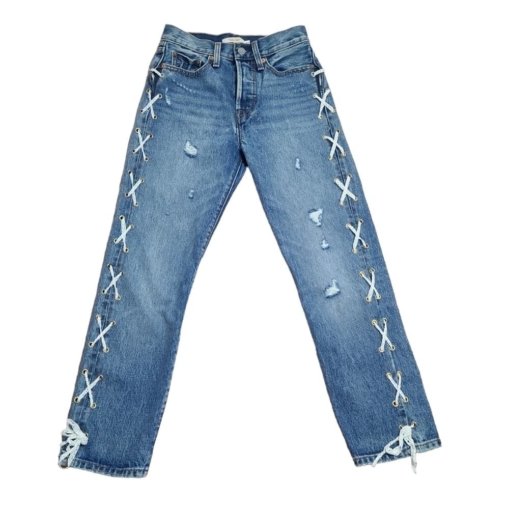 Levi's Wedgie Fit Straight Side Lace Up Jeans Women's Medium Wash Denim Size 24
